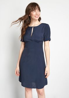 Featuring an alluring keyhole detail above an empire-style bust, this navy A-line opens up a world of feminine charm ! Find us rockin’ this short-sleeved, ModCloth label beauty to work or weddings. Shell: 54% Viscose, 46% Rayon. Lining: 100% Polyester. Hand wash. Partially lined. Back zipper with hook and eye closure. Decorative buttons on sleeves. Imported Fabric does not provide stretch. 4=36 inches Length | ModCloth The Keyhole Story A-line Dress in Navy, Size 0 Casual Dresses Plus Size, Midi Dress Plus Size, Vintage Swimwear, Mod Cloth Dresses, Midi Dress Casual, Decorative Buttons, Fit N Flare Dress, New Arrival Dress, Trending Dresses