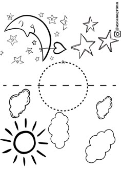 a coloring page with stars, clouds and sun in the sky for kids to color