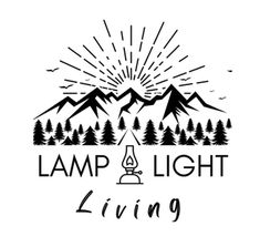 the logo for lamp and light living, with mountains in the background on a white background