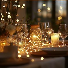 the table is set with glasses, plates and candles for a festive dinner party