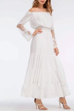 Look flawless in this vintage-inspired maxi. The lace sleeves add an elegant, whimsical quality, the elasticated waistband cinches you in and the ankle length elongates your legs. Perfect for formal occasions and picnics in the park. Off-shoulder Sheer lace Splice design Flare sleeve style Main Material: 100% Polyester Model: 5ft 7in / 175cm - Wearing size MFit: Perfect fit CARE Cool machine wash Do not tumble dry Do not bleach Hassle Free Returns 100% Money Back Guaranteed MEASUREMENTS S M L XL US 0-2 4-6 8-10 12-14 UK 4-6 6-8 10-12 14-16 EU 32-34 36-38 40-42 44-46 in cm in cm in cm in cm Bust 41.7 106 43.3 110 44.8 114 46.4 118 Waist 25.2 64 28.3 72 31.5 80 34.6 88 Hips 34.6 88 36.2 92 37.8 96 39.4 100 Sleeve Length 21.2 54 21.6 55 22 56 22.4 57 Length 46.8 119 47.2 120 47.6 121 48 122 Long Sleeve Maxi Dress With Lace Bodice, Long Sleeve Lace Maxi Dress With Lace Bodice, Spring Floor-length Maxi Dress With Lace Sleeves, Spring Maxi Dress With Lace Sleeves And Floor-length, Spring Chiffon Maxi Dress With Lace Trim, Flowy Maxi Dress With Lace Sleeves, Chiffon Maxi Dress With Lace Trim, Spring Wedding Maxi Dress With Sheer Sleeves, Modest Lace Maxi Dress