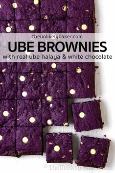 purple brownies with gold dots on top and text overlay that reads, ube brownies with real hube halya & white chocolate