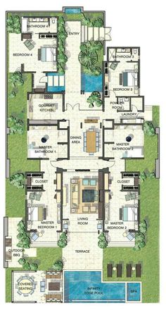 the floor plan for this house shows all the rooms and bathrooms, as well as two pools