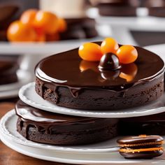 chocolate cake with orange candies on white plates