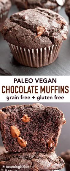 chocolate muffins are stacked on top of each other