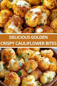 two pictures with different types of cauliflower in them and the words delicious golden crispy cauliflower bites