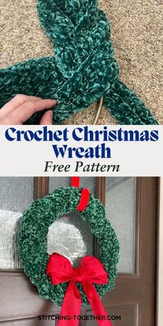 a crochet christmas wreath is shown with the words, free pattern on it