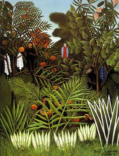 an image of a jungle scene with oranges and other tropical plants in the foreground