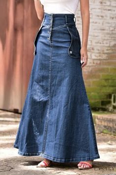 Lasaky - High-Waisted Denim Skirt with Patchwork Detail and Buckle Accent Knee Length Skirts Casual, Summer Denim Skirt, Denim Shorts Outfit, Womens Denim Skirts, Elegant Mini Dress, Long Denim Skirt, Skirt Casual, Skirt Y2k, Knee Skirts