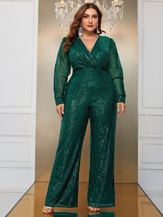 Yisikado Plus Surplice Neck Sequin Wide Leg Jumpsuit-FSSX9015-1 Party Jumpsuit, Plus Size Mini Dresses, Solid Color Jumpsuits, Midi Dress Plus Size, Plus Size Romper, Sequin Jumpsuit, Sheer Skirt, Jumpsuit Online, Scarf Dress