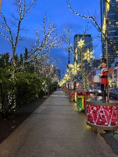 a street lined with christmas lights and trees