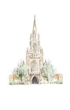 a watercolor painting of a cathedral with trees