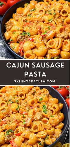 two pictures showing different types of pasta in pans with the words cajun sausage pasta