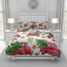 a bed room with a neatly made bed and christmas decorations on the comforter set