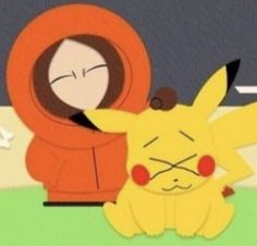 a cartoon character is sitting next to a pikachu