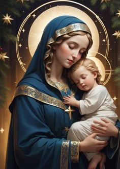 a painting of the virgin mary holding a child in her arms and surrounded by christmas decorations