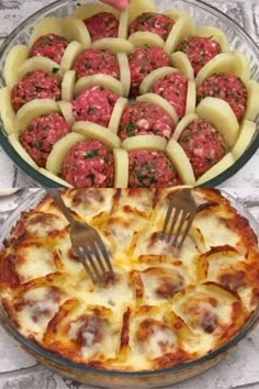 two pizzas with meatballs in the middle and cheese on top, next to a pie dish