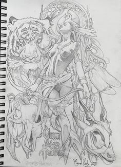 a pencil drawing of a woman with a tiger on her back and another animal in the background