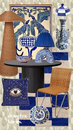 a table with blue and white items on it, including a lamp, vases, and lampshade