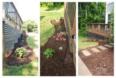 three pictures of different types of landscaping in the same yard, including a fence and steps