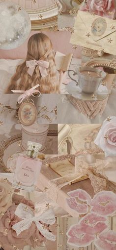 a collage of pink and gold items