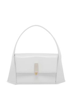 white calf leather lambskin engraved logo foldover top single top handle detachable shoulder strap internal pocket main compartment White Leather Shoulder Flap Bag, Timeless Top Handle Baguette Bag, White Business Satchel With Gold-tone Hardware, White Leather Shoulder Bag With Magnetic Closure, White Leather Shoulder Bag With Fold Over Clasp, White Baguette Bag With Gold-tone Hardware For Evening, White Rectangular Shoulder Bag With Fold Over Clasp, White Rectangular Bag With Fold Over Clasp, White Top Handle Shoulder Bag With Magnetic Closure