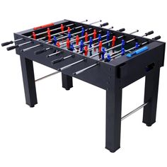 a foosball table with red and blue sticks