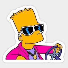 the simpsons is driving his car with sunglasses on and he has a steering wheel in front of him