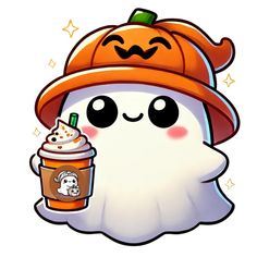 a cartoon character holding a drink with a pumpkin on it's head and wearing an orange hat