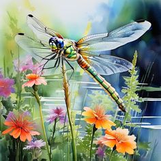 a painting of a dragonfly sitting on top of flowers