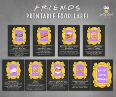 the printable food label for friends is shown in purple and yellow frames, with pictures of