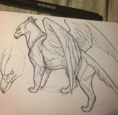 a drawing of an animal with wings on it's back and another creature in the background