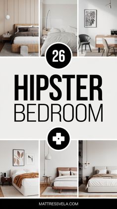 a collage of photos with the words'25 hipster bedroom'in black and white