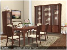 a dining room table with chairs and china cabinet