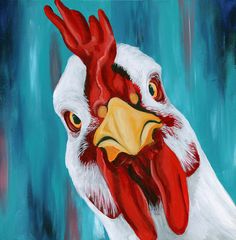 a painting of a rooster on a blue background