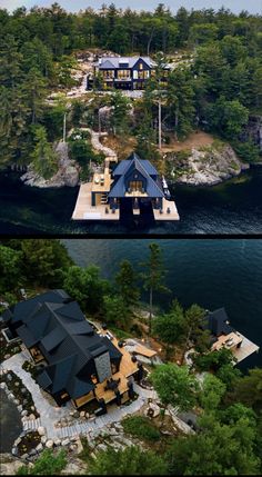 an aerial view of a house on top of a hill next to the water and trees