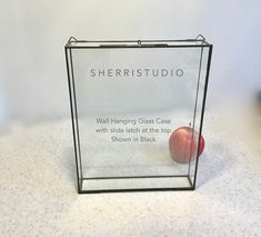 there is a glass case with an apple in it that says sherristudi wall hanging glass case with slide latch at the top shown in black