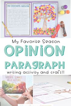 an open book with the title my favorite season opinion paragraph writing activity and craft