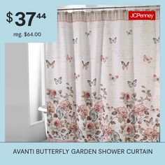 a shower curtain with flowers and butterflies on it for $ 37 74 reg $ 64 00