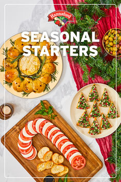 the cover of seasonal starterrs is displayed on a table with plates and bowls of food