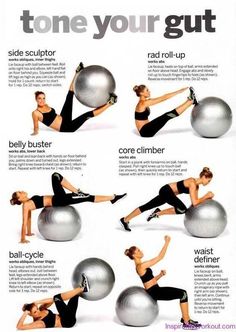 a woman doing exercises on an exercise ball with the words tone your gutt above it