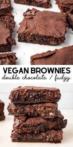 chocolate brownies stacked on top of each other with the words vegan brownies written above them