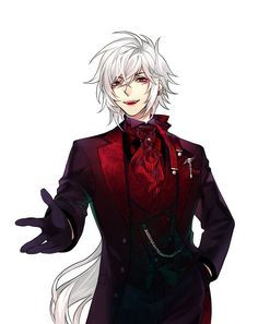 an anime character with white hair wearing a black suit and red tie, holding his hands out