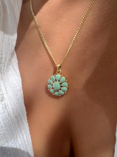 Gold Flower Necklace Flower Pendant Gold Enamel Flower Charm - Etsy Green Necklace With Flower Charm And Round Pendant, Turquoise Flower Charm Pendant Jewelry, Turquoise Jewelry With Flower Charm, Turquoise Flower-shaped Jewelry With Flower Charm, Turquoise Flower Necklace With Flower Charm, Turquoise Flower Charm Jewelry, Turquoise Jewelry With Flower Charm As Gift, Turquoise Jewelry With Flower Charm For Gift, Turquoise Flower Necklaces For Gift