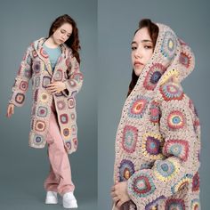 two photos of a woman wearing a crocheted coat