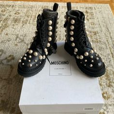 Brand New Never Worn Moschino Women’s Boots Color: Black Size: 37 With Dust Bag And Replacement Beads/Pearls Designer Embellished Round Toe Boots, Moschino Shoes, Moto Boots, Fashion Hacks Clothes, Moschino, Womens Boots, Dust Bag, Brand New, Women Shoes