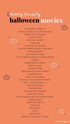 an orange halloween movie list with pumpkins