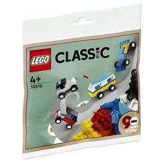 a package of lego classic toys with cars and trucks on the road in front of it