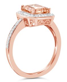 Shiny diamond accents create glittery pathways to the stunning emerald-cut morganite. Rose gold-plated sterling silver ring. Classic Morganite Diamond Ring For Formal Occasions, Formal Morganite Diamond Ring With Diamond Accents, Formal Morganite Diamond Ring With Accents, Formal Morganite Diamond Ring With Brilliant Cut, Elegant Morganite Rings With Diamond Accents, Elegant Morganite Diamond Ring With Round Cut, Formal Morganite Ring With Halo Setting, Formal Morganite Ring With Brilliant Cut, Elegant Morganite Rings With Baguette Cut