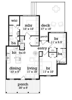 the first floor plan for a two bedroom house with an attached living room and dining area